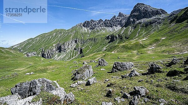 Felsen auf einer Almwiese  hinten felsige Gipfel des Muttlerkopf  Öfnerspitze und Krottenspitze  links Kemptner Hütte  Heilbronner Weg  Oberstdorf  Allgäu  Bayern  Deutschland  Europa