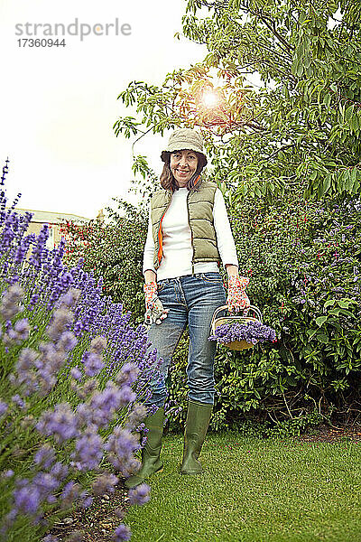 Lächelnde Frau hält Korb mit Lavendelblüten im Garten