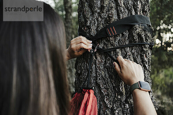 Junge Frau  die im Urlaub ihre Hängematte an einem Baum im Wald befestigt