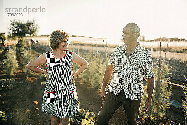 Lächelndes älteres Ehepaar  das sich gegenseitig ansieht  während es auf einem Feld steht