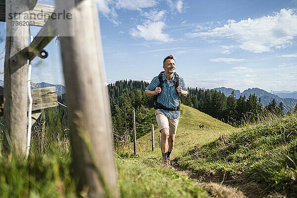 Männlicher Wanderer auf einem Wanderweg an einem sonnigen Tag