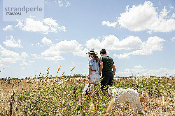 Ehepaar geht mit Hund auf einer Wiese an einem sonnigen Tag spazieren