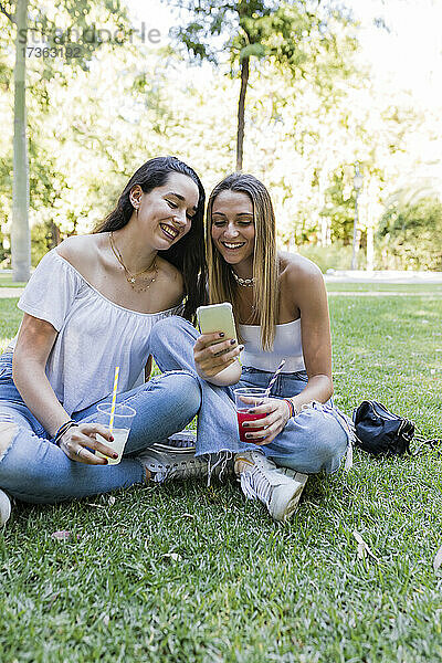 Junge Freundinnen teilen sich ein Smartphone  während sie in einem öffentlichen Park sitzen