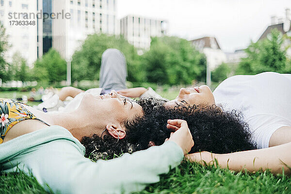 Männliche und weibliche Freunde liegen im Park im Gras