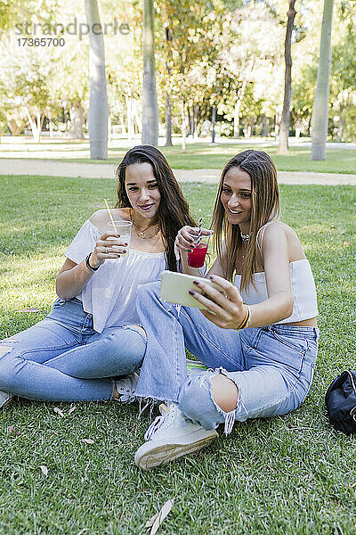 Weibliche Freunde halten Getränke  während sie ein Selfie im Park machen