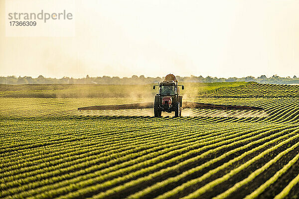 Traktor beim Besprühen von Sojabohnenkulturen bei Sonnenuntergang