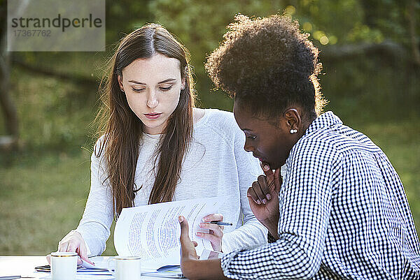 Junge Freundinnen lernen am Tisch im Park