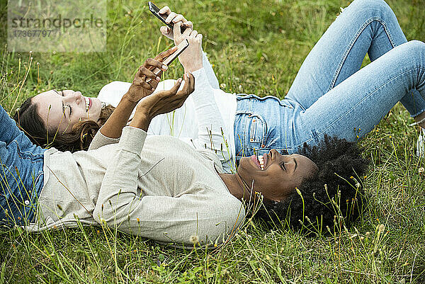 Junge Freundinnen liegen im Gras und benutzen ein Smartphone im Park