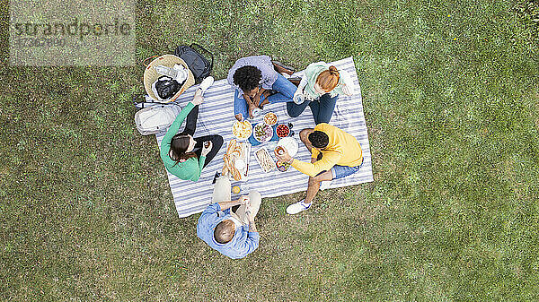 Glückliche junge Freunde machen ein Picknick im Garten