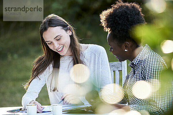 Lächelnde junge Freunde studieren am Tisch im Park