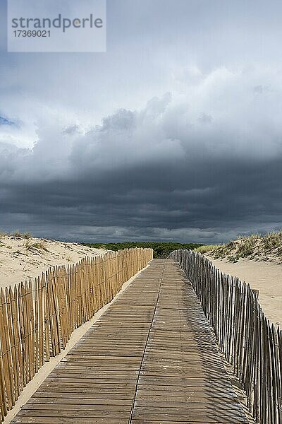 Zugang zum Strand  Dünenlandschaft  darüber dunkle Regenwolken  Carcans  Gironde  Nouvelle-Aquitaine  Frankreich  Europa