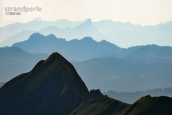 Ausblick von Brienzer Rothorn auf Tannhorn  dahinter Berner Alpen  Kanton Bern  Schweiz  Europa