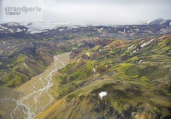 Flugaufnahme Landmannalaugar  Fjallabak Naturreservat  Suðurland  Island  Europa