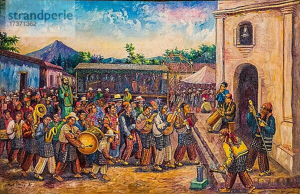 Prozession  Gemälde des Tzutuhil-Künstlers Miguel Chávez Petzey  Casa K'ojom in Jocatenago  Jocatenago  Guatemala  Mittelamerika