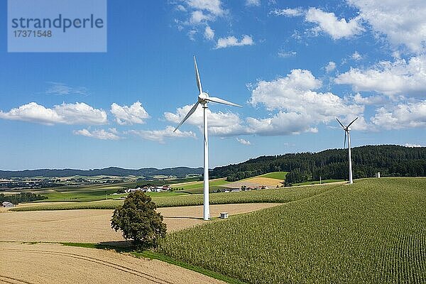 Drohnenaufnahme  Windenergie  Windkraftanlage  Agrarlandschaft mit Windrad bei Pramet im Innviertel  Wolkenhimmel  Oberösterreich  Österreich  Europa