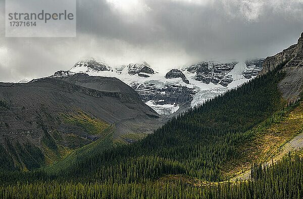 Wolkenverhangene schneebedeckte Gipfel  Mount Charlton und Mount Unwin  herbstlicher Wald  Maligne Lake  Alberta  Kanada  Nordamerika