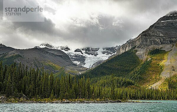 Wolkenverhangene schneebedeckte Gipfel  Mount Charlton und Mount Unwin  herbstlicher Wald  Maligne Lake  Alberta  Kanada  Nordamerika