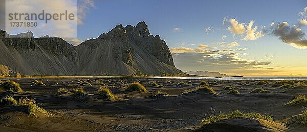 Dünenlandschaft vor Bergmassiv im Morgenlicht  Klifatindur mit Vestrahorn  Höfn  Austurland  Island  Europa