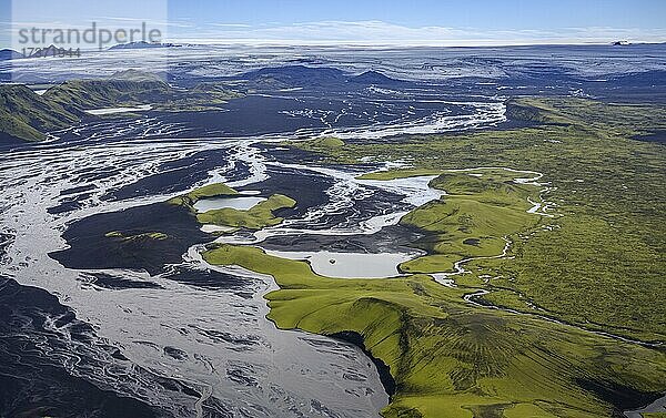 Breit aufgefächerter Gletscherfluß Tungnaá  Flugaufnahme  Suðurland  Island  Europa
