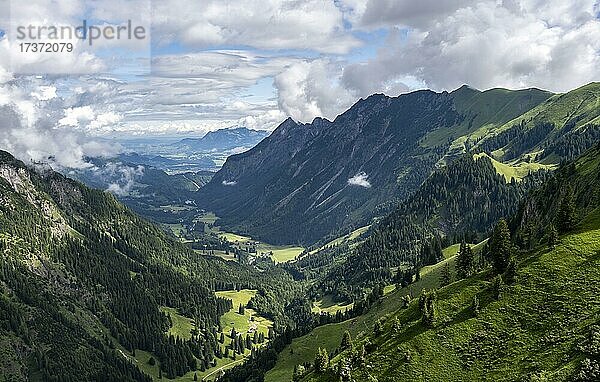 Blick ins Stillachtal  Talblick mit Bergpanorama  Abstieg von der Rappenseehütte  Allgäuer Alpen  Allgäu  Bayern