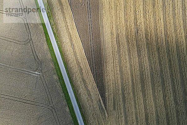 Drohnenaufnahme  Straße durch abgeerntete Felder mit abstrakten Mustern  Agrarlandschaft bei Pramet im Innviertel  Oberösterreich  Österreich  Europa
