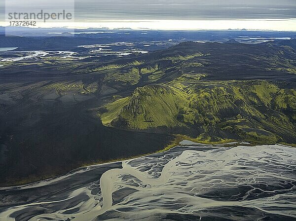 Breit aufgefächerter Gletscherfluß Tungnaá  Flugaufnahme  Suðurland  Island  Europa