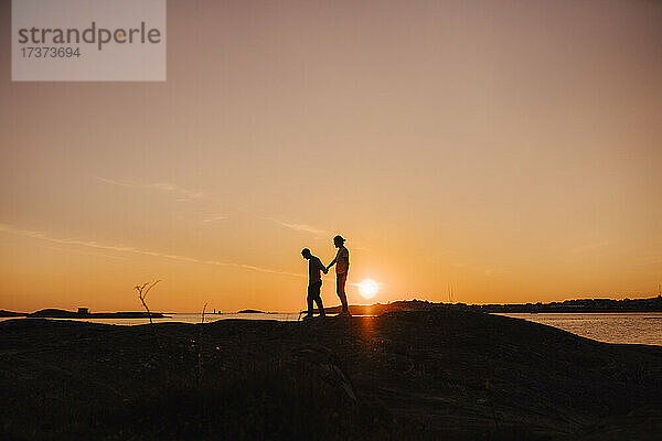 Männliche Freunde halten sich beim Spaziergang am Seeufer während des Sonnenuntergangs an den Händen