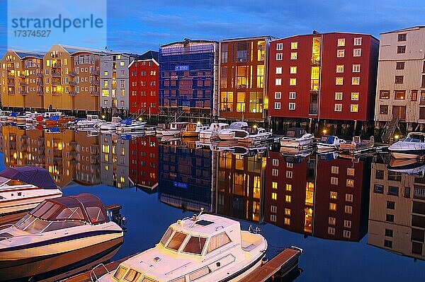Beleuchtete Häuser am Fluss  Freizeitboote  blaue Stunde  Nidarelva  Skandinavien  Norwegen  Europa