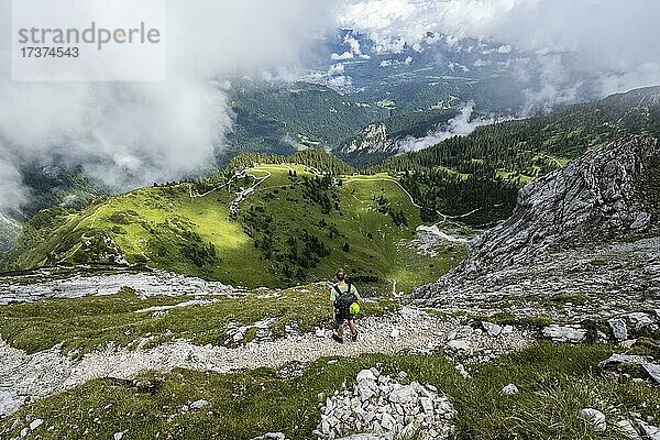 Wanderer auf Wanderweg zur Meilerhütte  Blick auf Königshaus am Schachen und Schachenhaus  Frauenalpl  Wettersteingebirge  Bayern  Deutschland  Europa