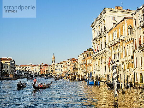 Gondeln neben historischen Häuserfassaden im Canale Grande  hinten die Rialtobrücke  Venedig  Venezia  Veneto  Italien  Europa