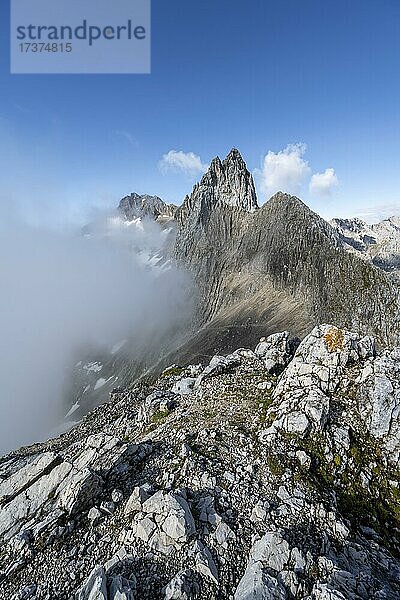 Ausblick auf fesligen wolkenverhangenen Gipfel und Grat der Partenkirchner Dreitorspitze  vom Gipfel der westlichen Törlspitze  Wettersteingebirge  Garmisch Partenkirchen  Bayern  Deutschland  Europa