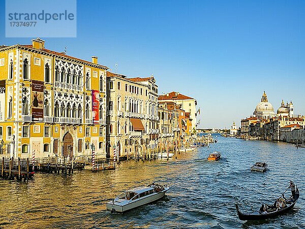 Gondel und Boote neben dem Palazzo Franchetti Cavalli im Canale Grande  hinten die Kirche Santa Maria della Salute  Venedig  Venezia  Veneto  Italien  Europa