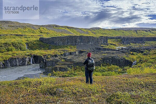 Frau blickt zur Engstelle Katlar der Jökulsá Á Fjöllum  Holmatungur im Asbyrgi NP  Norðurland eystra  Island  Europa