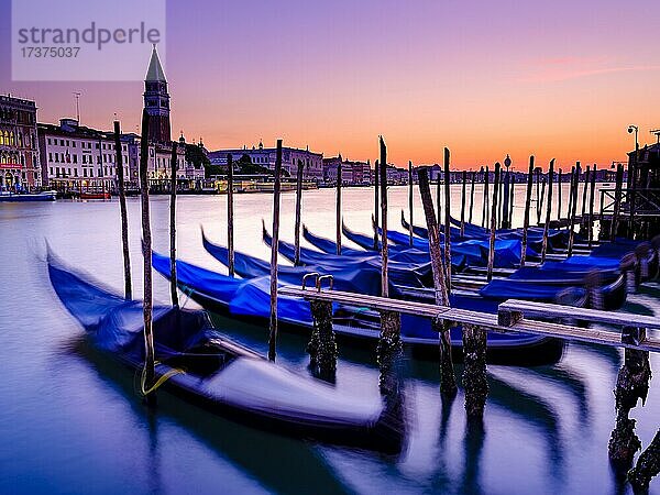 Gondeln am Canale Grande bei Morgendämmerung  hinten der Dogenpalast und der Glockenturm von Campanile  Venedig  Venezia  Veneto  Italien  Europa