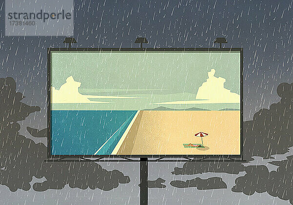 Idyllischer Meeresstrand auf Plakatwand gegen regnerischen Himmel
