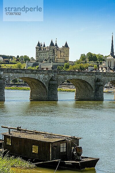 Die Brücke von Cessart und das Schloss von Saumur an der Loire  Departement Maine et Loire  Pays de la Loire  Frankreich  Europa