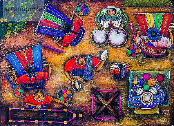 Webwarenprozess  Gemälde aus der Vogelperspektive  San Juan La Laguna  Atitlán-See  San Juan La Laguna  Guatemala  Mittelamerika