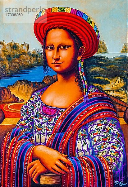 Gemälde Maya-Mona Lisa mit typischer Kopfbedeckung der Tzutuhil-Frauen  dem Tocoyal  San Juan La Laguna  Atitlán-See  San Juan La Laguna  Guatemala  Mittelamerika