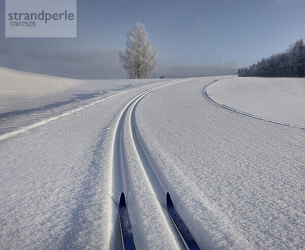 Verschneite  hügelige Langlaufloipe mit Skiern in Estland  S-förmige Loipe im Winter.