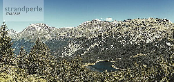 Malerisches Panorama des bewaldeten Tals in den Alpen