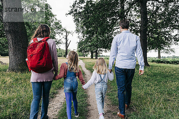 Familie hält sich an den Händen  während sie auf dem Fußweg im Park spaziert