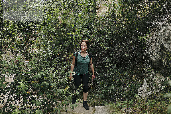 Frau mittleren Alters geht am Wochenende im Wald spazieren