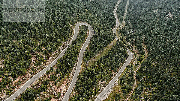 Drohnenansicht einer kurvenreichen Straße  die sich durch die bewaldete Landschaft der Pyrenäen erstreckt