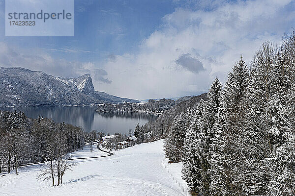 Malerische Aussicht auf den Mondsee  umgeben von schneebedecktem Wald