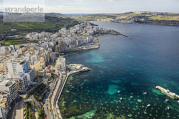Malta  Nordregion  Saint Pauls Bay  Luftaufnahme der Küstenstadt