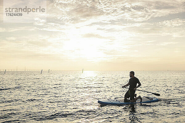 Mann rudert Paddleboard im Meer bei Sonnenuntergang