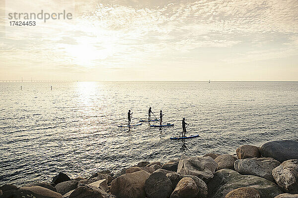 Hohe Winkel Ansicht der Männer und Frauen Rudern Paddleboard im Meer während des Sonnenuntergangs