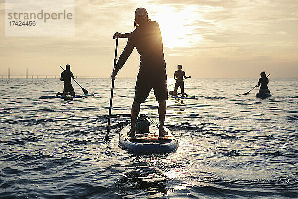 Männliche und weibliche Freunde rudern Paddleboard im Meer bei Sonnenuntergang