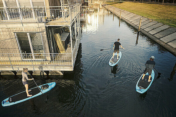 Frau und Männer rudern Paddleboard im Meer