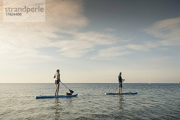 Weibliche und männliche Freunde rudern Paddleboard im Meer